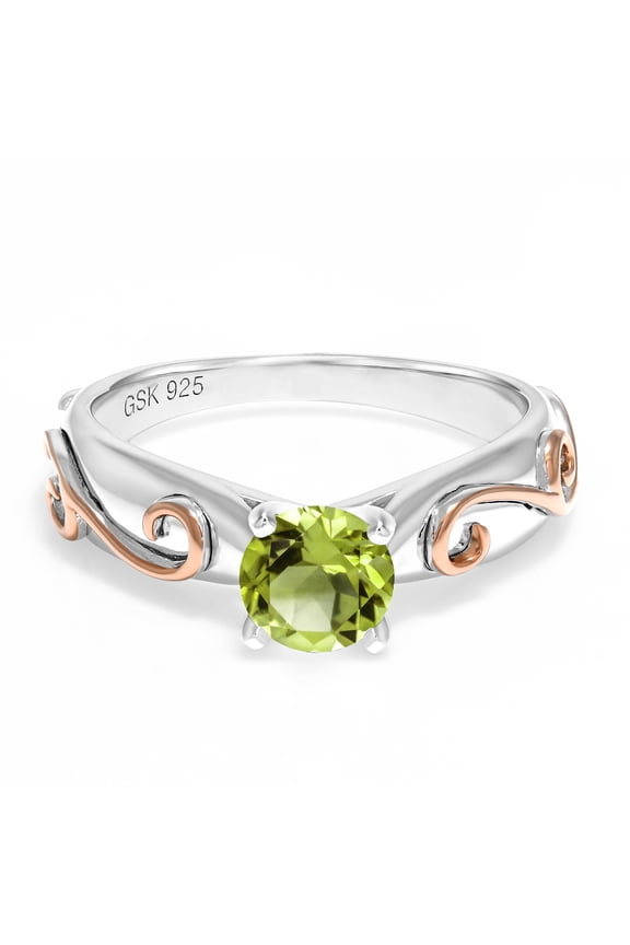 0.85 Ct Round Green Peridot 925 Sterling Silver 2 Tone Vine Ring (Size 8)