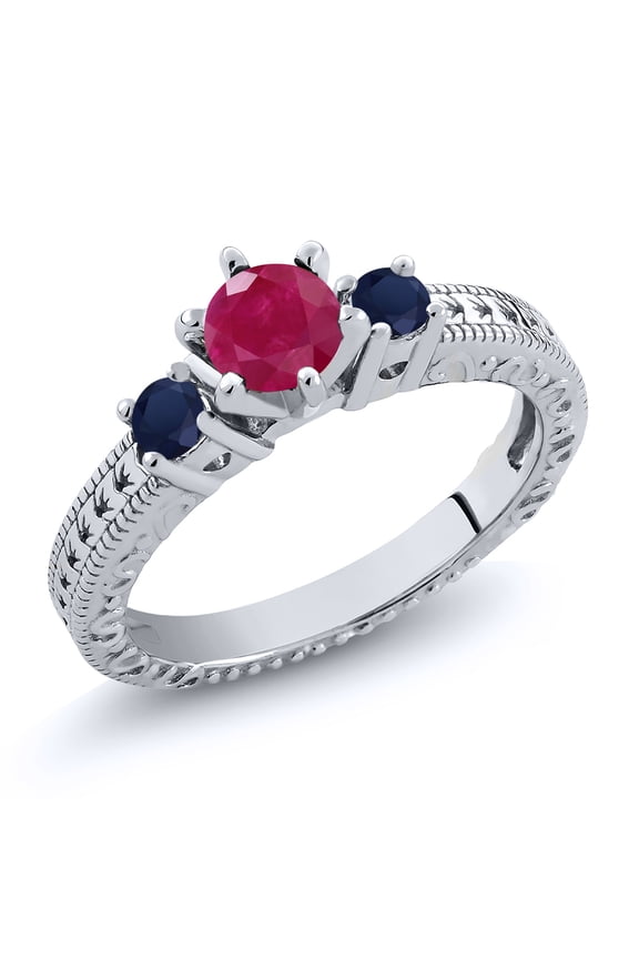 0.85 Ct Round Red Ruby Blue Sapphire 925 Sterling Silver Ring (Size 5)
