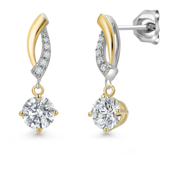 Gem Stone King 0.85 Cttw 925 Silver and 10K Yellow Gold White Lab Grown Diamond Dangle Earrings for Women | Gemstone April Birthstone | Round 4.5MM