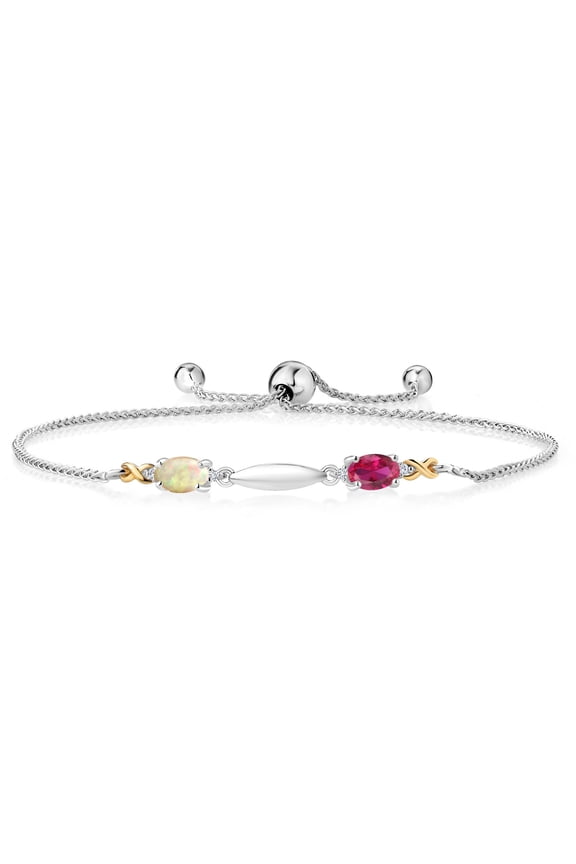 0.86 Ct Oval Cabochon White Ethiopian Opal Red Created Ruby 925 Silver and 10K Yellow Gold Lab Grown Diamond Bracelet for Women