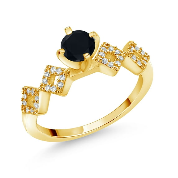 Gem Stone King 0.86 Ct Round Black Onyx 18K Yellow Gold Plated Silver Ring (Size 9)