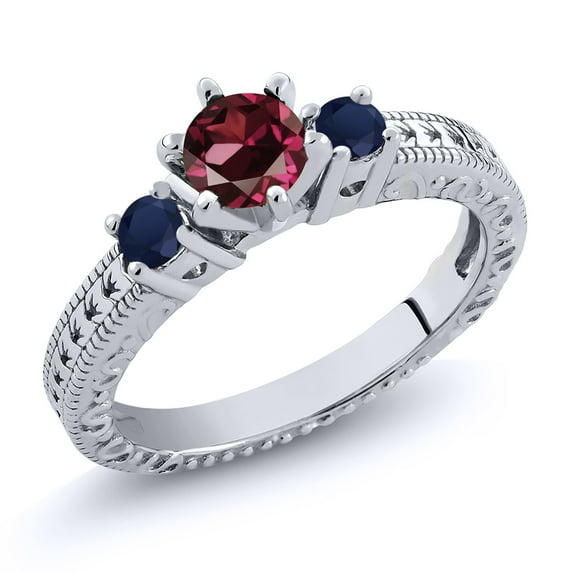 Gem Stone King 0.86 Ct Round Red Rhodolite Garnet Blue Sapphire 925 Sterling Silver Ring (Size 5)