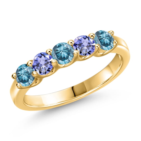 Gem Stone King 0.87 Ct Blue Lab Grown Diamond Blue Tanzanite 18K Yellow Gold Plated Silver Ring