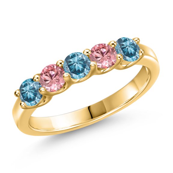 Gem Stone King 0.87 Ct Blue Lab Grown Diamond Pink Lab Grown Diamond 18K Yellow Gold Plated Silver Ring