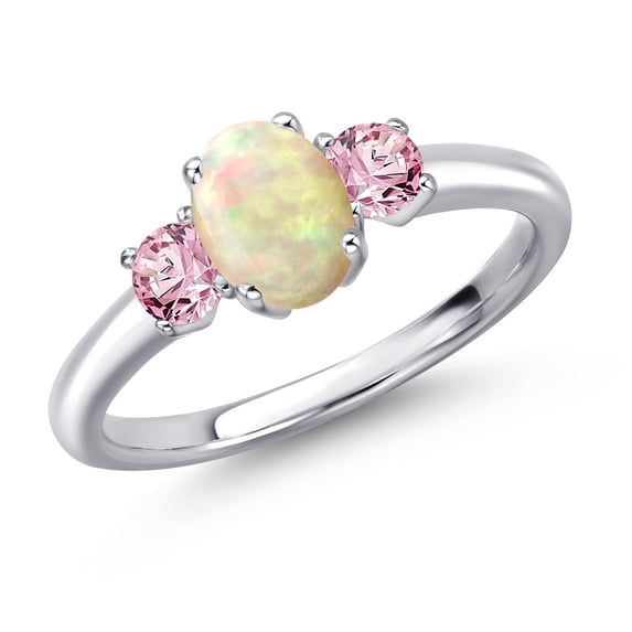 Gem Stone King 925 Sterling Silver White Ethiopian Opal and Pink Lab Grown Diamond Engagement Ring for Women | 0.87 Cttw | Oval Cabochon 7X5MM | Gemstone October Birthstone | Size 6