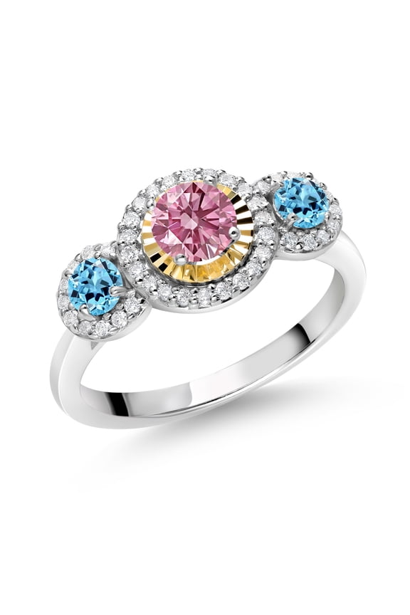 0.87 Ct Pink Lab Grown Diamond Swiss Blue Topaz 925 Silver and 10K Yellow Gold 3 Stone Women Engagement Ring (Size 5)