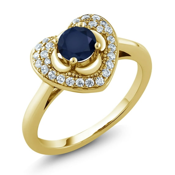 Gem Stone King 0.87 Ct Round Blue Sapphire 18K Yellow Gold Plated Silver Ring (Size 5)