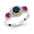 thumbnail image 1 of Gem Stone King 0.87 Ct Round Blue Sapphire Red Ruby 925 Silver and 10K Yellow Gold 3 Stone Women's Lab Grown Diamond Ring (Size 9), 1 of 3