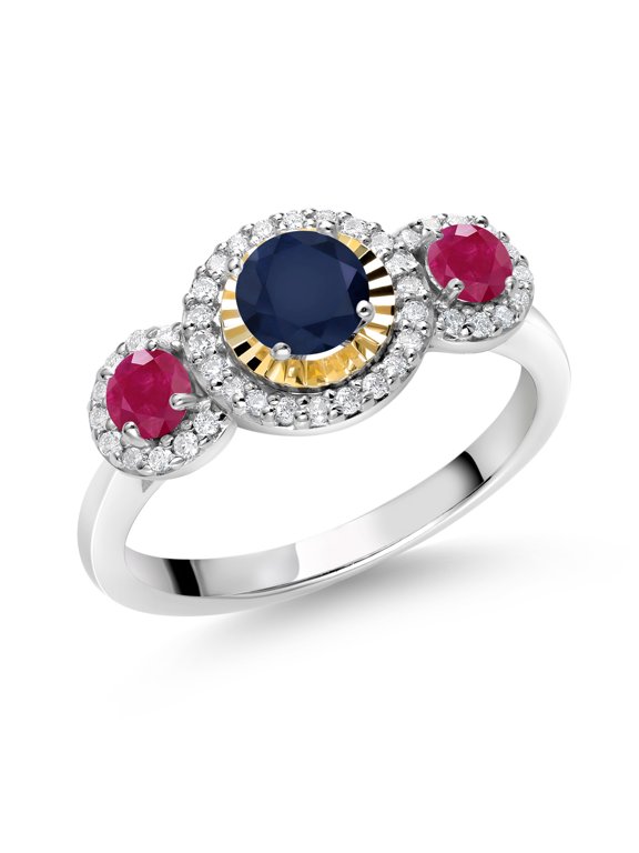 0.87 Ct Round Blue Sapphire Red Ruby 925 Silver and 10K Yellow Gold 3 Stone Women's Lab Grown Diamond Ring (Size 5)