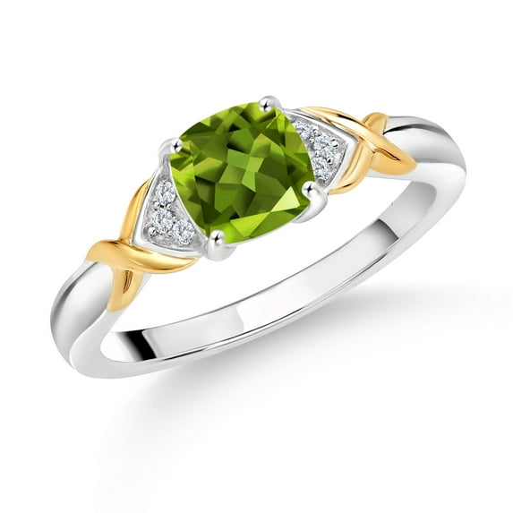 Gem Stone King 0.88 Cttw Green Peridot and White Lab Grown Diamond 925 Silver and 10K Yellow Gold Ring for Women | Gemstone Birthstone | 6MM Cushion Cut | Available in Size 5, 6, 7, 8, 9