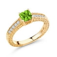 thumbnail image 1 of Gem Stone King 0.88 Ct Princess Cut Green Peridot White Created Sapphire 18K Yellow Gold Plated Silver Ring (Size 8), 1 of 5
