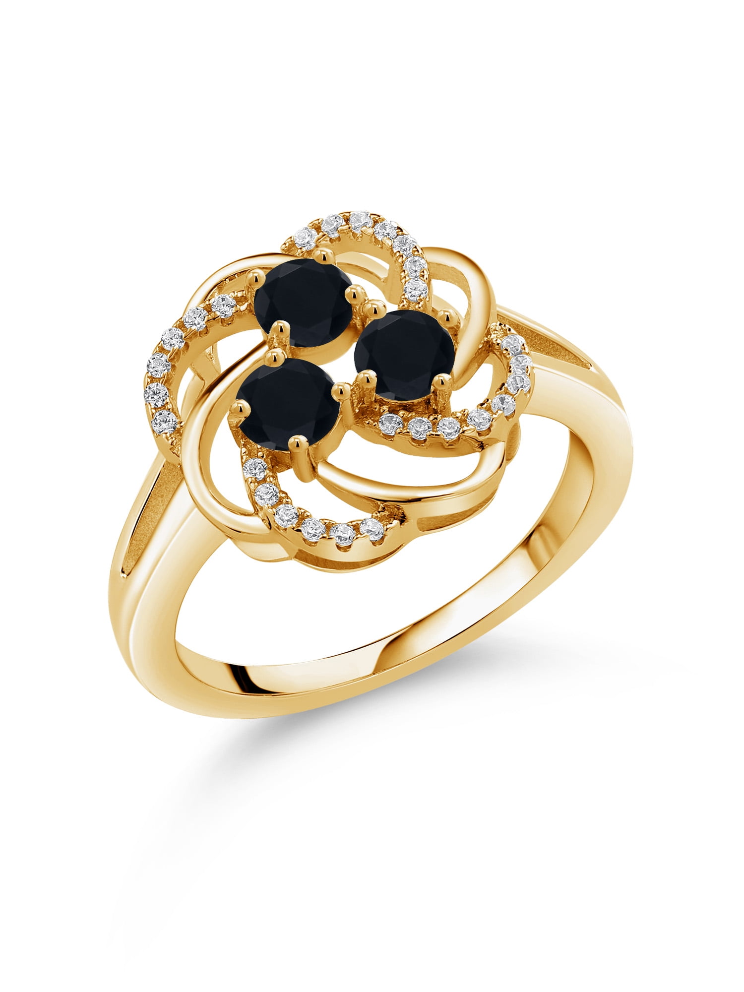 Gem Stone King 0.88 Ct Round Black Onyx White Created Sapphire 18K