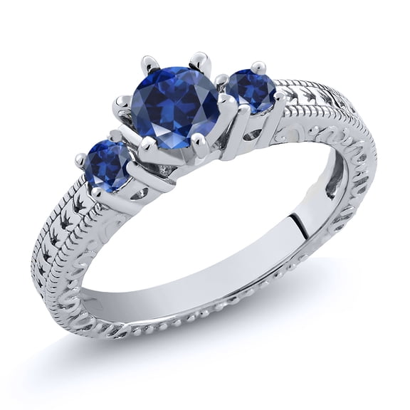 Gem Stone King 0.88 Ct Round Blue Created Sapphire 925 Sterling Silver Ring (Size 6)