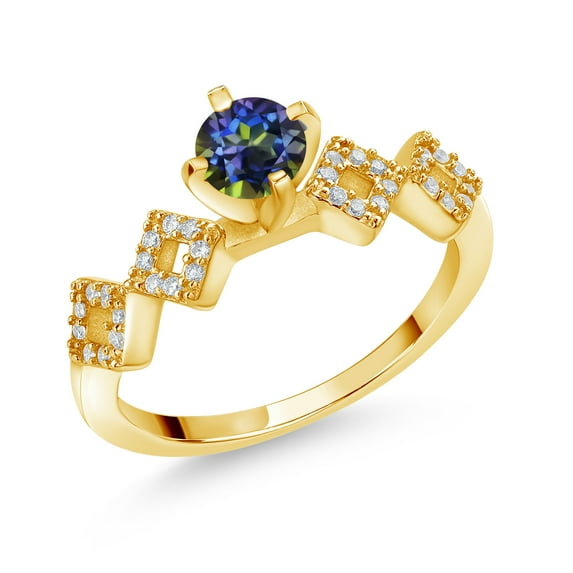 Gem Stone King 0.88 Ct Round Blue Mystic Topaz 18K Yellow Gold Plated Silver Ring (Size 6)