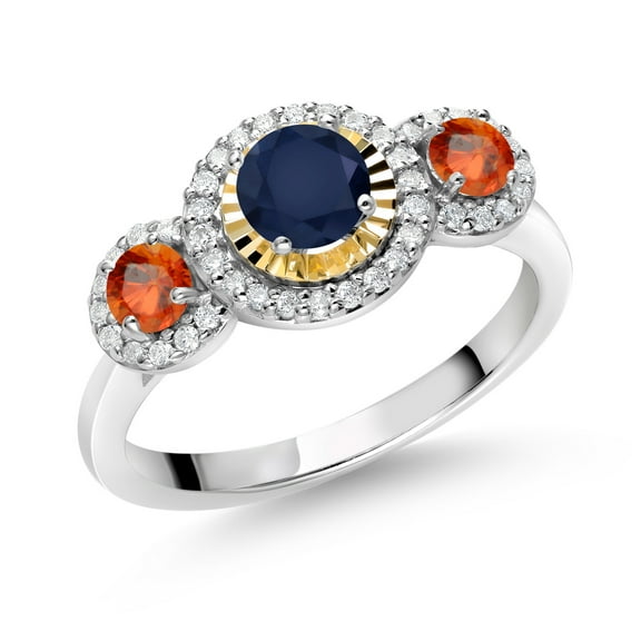 Gem Stone King 0.88 Ct Round Blue Sapphire Orange Sapphire 925 Silver and 10K Yellow Gold 3 Stone Women's Lab Grown Diamond Ring (Size 9)