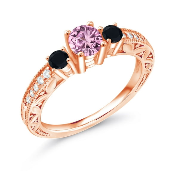 Gem Stone King 0.88 Ct Round Pink Created Sapphire Black Onyx 18K Rose Gold Plated Silver Ring (Size 6)
