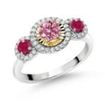 thumbnail image 1 of Gem Stone King 0.88 Ct Round Pink Lab Grown Diamond Red Ruby 925 Silver and 10K Yellow Gold 3 Stone Women Engagement Ring (Size 7), 1 of 3