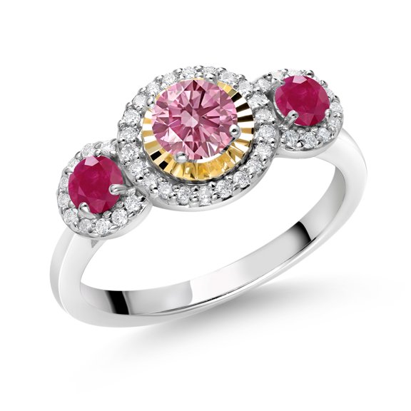 Gem Stone King 0.88 Ct Round Pink Lab Grown Diamond Red Ruby 925 Silver and 10K Yellow Gold 3 Stone Women Engagement Ring (Size 9)