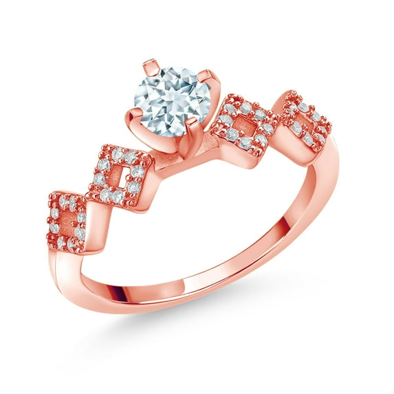 Gem Stone King 0.88 Ct Round Sky Blue Aquamarine 18K Rose Gold Plated Silver Ring (Size 5)