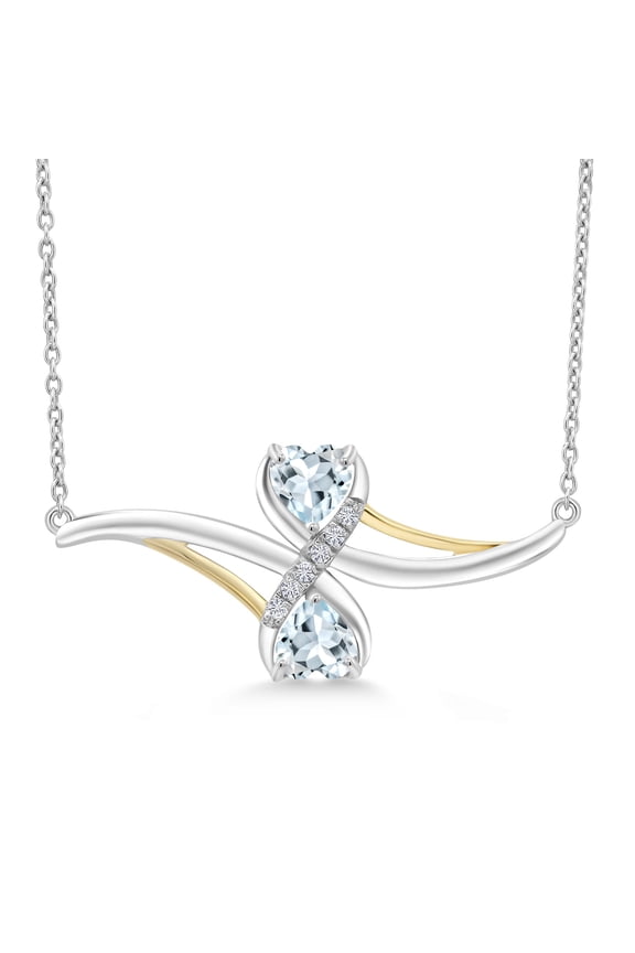 0.89 Cttw Heart Shape Sky Blue Aquamarine 925 Silver and 10K Yellow Gold Lab Grown Diamond Pendant Necklace for Women | 5MM Heart | With 18 inch Chain