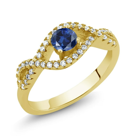 Gem Stone King 0.89 Ct Round Blue Created Sapphire 18K Yellow Gold Plated Silver Infinity Ring (Size 9)
