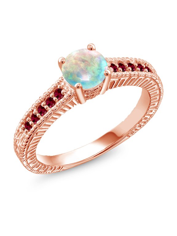 0.45 Ct Cabochon Simulated Opal Created Ruby 18K Rose Gold Plated Silver Engagement Ring (Size 5)
