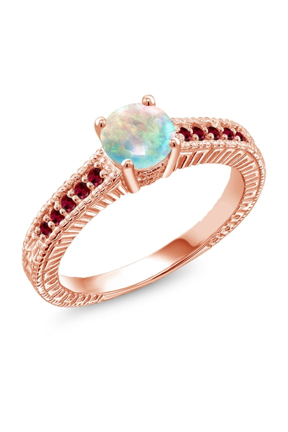0.45 Ct Cabochon Simulated Opal Created Ruby 18K Rose Gold Plated Silver Engagement Ring (Size 5)