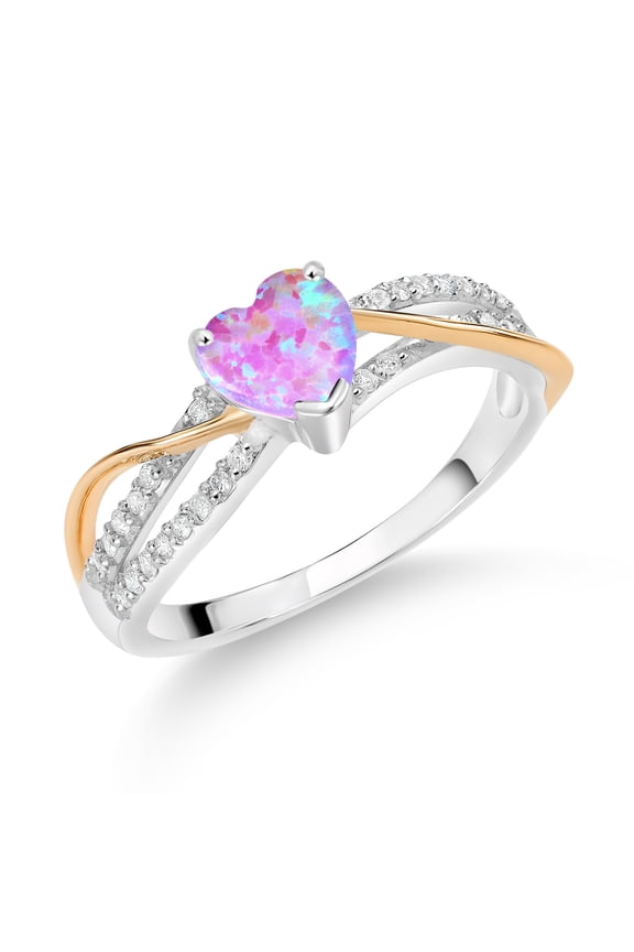 0.90 Ct Heart Shape Pink Simulated Opal E-F Lab Grown Diamond 925 Silver and 10K Yellow Gold Ring (Size 9)