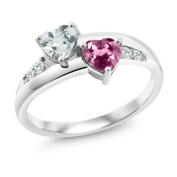 Gem Stone King 0.90 Ct Heart Shape Sky Blue Aquamarine Pink Tourmaline 925 Sterling Silver Lab Grown Diamond Ring (Size 9)
