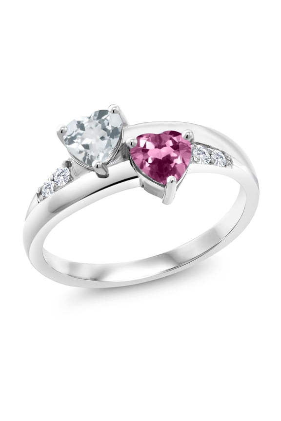 0.90 Ct Heart Shape Sky Blue Aquamarine Pink Tourmaline 925 Sterling Silver Lab Grown Diamond Ring (Size 9)