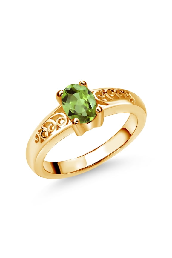 0.90 Ct Oval Green Peridot 18K Yellow Gold Plated Silver Ring (Size 5)