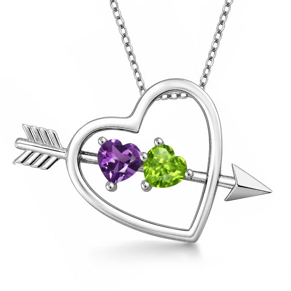 Gem Stone King 0.90 Cttw Purple Amethyst and Green Peridot Heart and Arrow Pendant Necklace for Women | 925 Sterling Silver | With 18 inch Silver Chain
