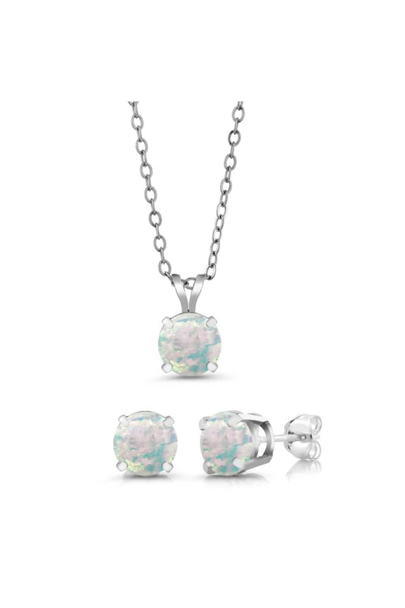 0.90 Ct Round 6mm White Simulated Opal 925 Silver Stud Pendant and Earrings Jewelry Set