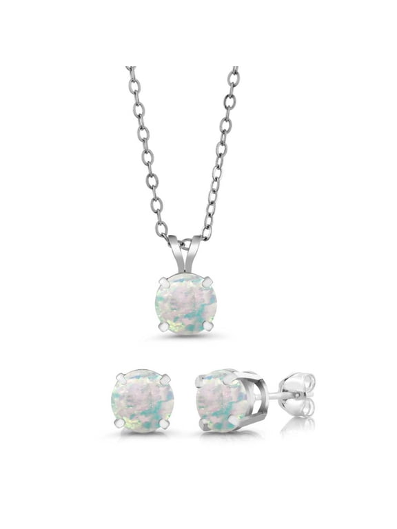 0.90 Ct Round 6mm White Simulated Opal 925 Silver Stud Pendant and Earrings Jewelry Set
