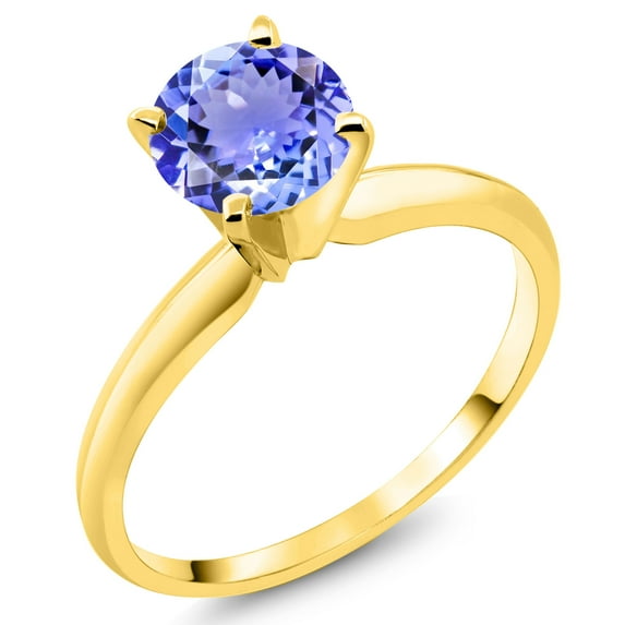 Gem Stone King 14K Yellow Gold Blue Tanzanite Solitaire Engagement 4-Prong Ring for Women | 0.90 Cttw | Round 6MM | Gemstone December Birthstone (Size 9)
