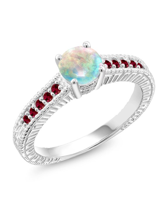 0.45 Ct Round Cabochon White Simulated Opal Red Created Ruby 925 Silver Engagement Ring (Size 5)