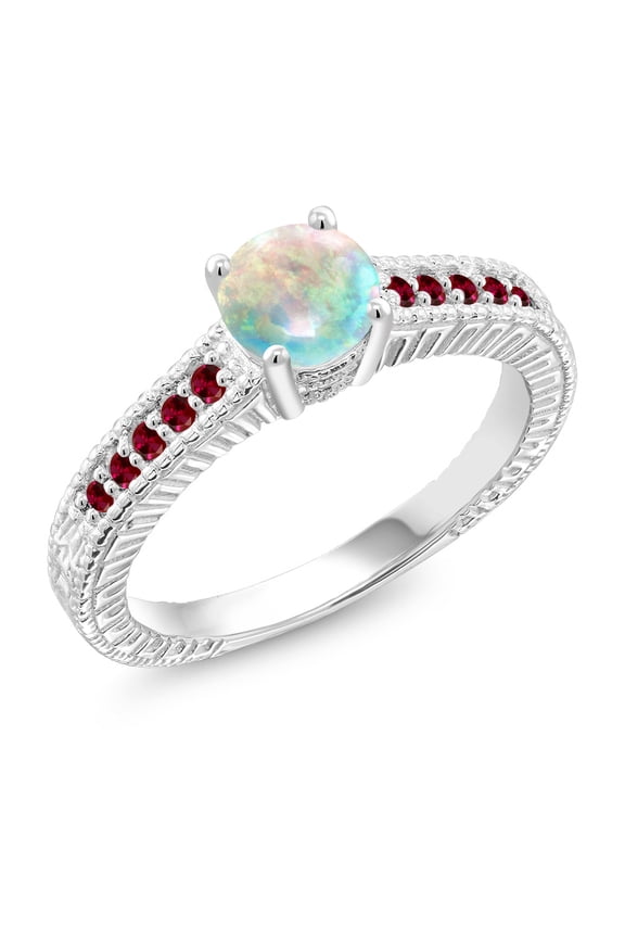 0.45 Ct Round Cabochon White Simulated Opal Red Created Ruby 925 Silver Engagement Ring (Size 5)