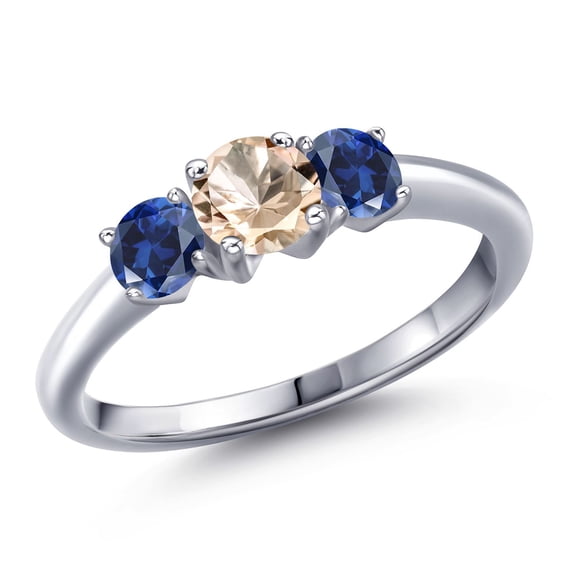 Gem Stone King 925 Sterling Silver Peach Morganite and Blue Created Sapphire Engagement Ring for Women | 0.90 Cttw | Round 5MM | Gemstone October Birthstone | Size 7