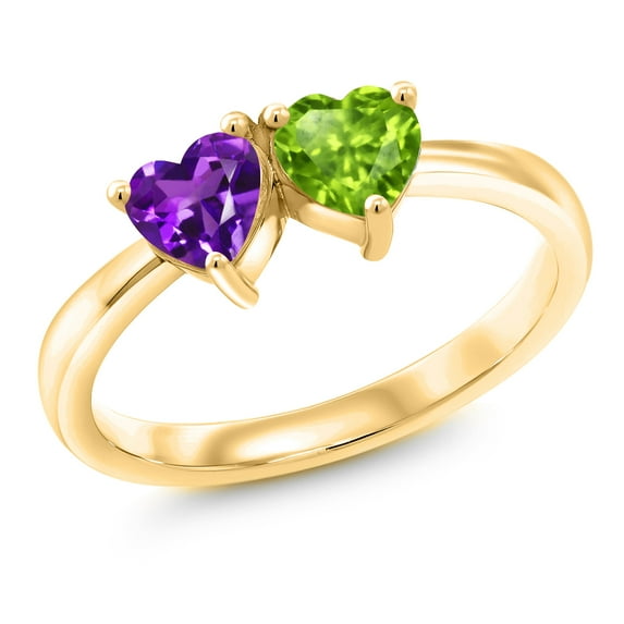 Gem Stone King 0.92 Ct Purple Amethyst Green Peridot 18K Yellow Gold Plated Silver Ring (Size 7)