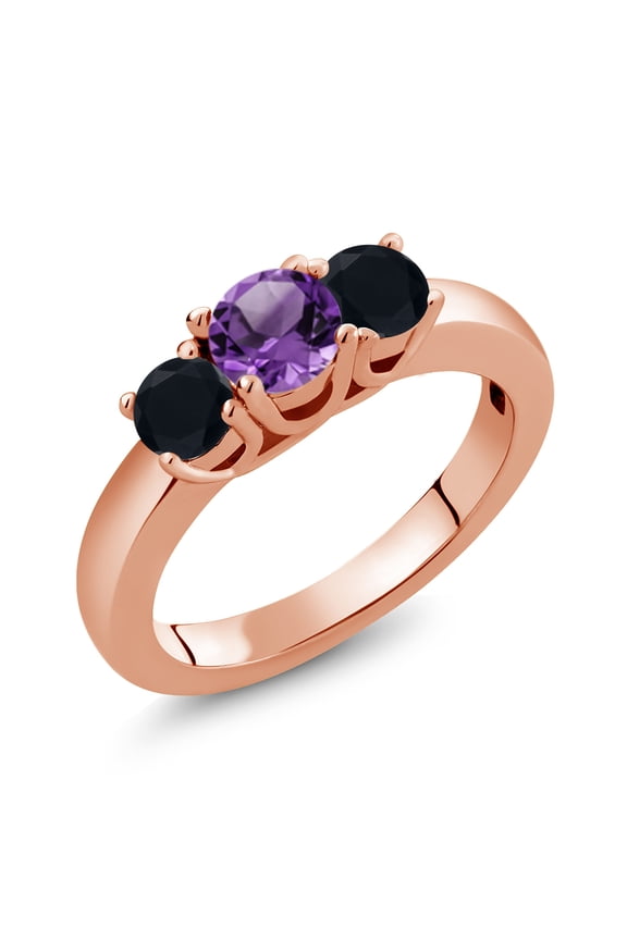 0.92 Ct Round Purple Amethyst Black Onyx 925 Sterling Silver Ring (Size 5)