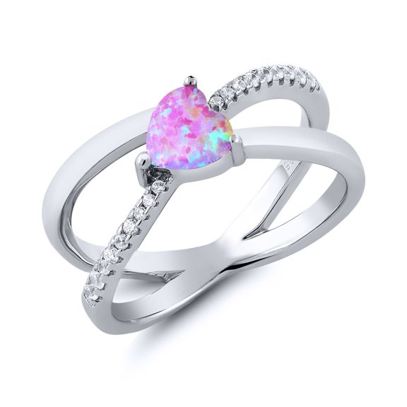 Gem Stone King 0.93 Ct Heart Shape Pink Simulated Opal 925 Sterling Silver Ring (Size 9)