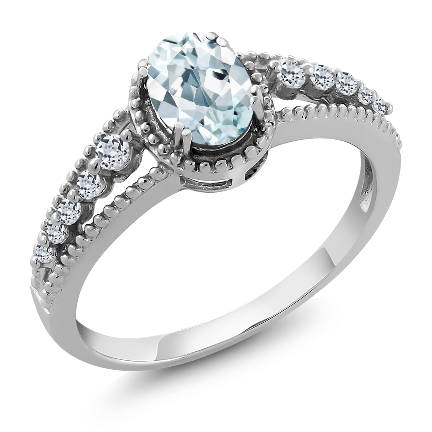 Gem Stone King 0.93 Ct Oval Sky Blue Aquamarine White Topaz 925 Sterling Silver Ring