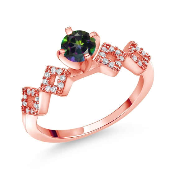 Gem Stone King 0.93 Ct Round Green Mystic Topaz 18K Rose Gold Plated Silver Ring (Size 7)
