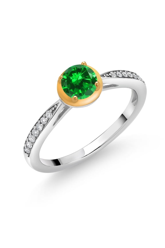 0.94 Ct Green Created Emerald G/H Lab Grown Diamond 925 Silver and 10K Yellow Gold Ring (Size 8)