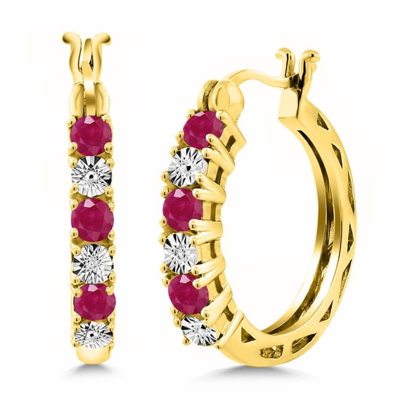 Gem Stone King 0.94 Ct Red Ruby E-F Lab Grown Diamond 18K Yellow Gold Plated Silver Earrings