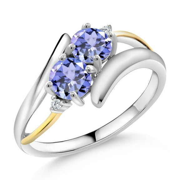 Gem Stone King 0.94 Ct Round Blue Tanzanite 925 Silver and 10K Yellow Gold Lab Grown Diamond Two Stone Crossover Ring (Size 5)