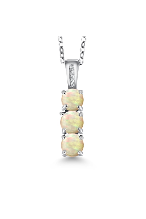 0.94 Ct Round Cabochon White Ethiopian Opal White Diamond 925 Silver Pendant