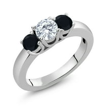 Gem Stone King 0.94 Cttw Round Lab Grown Diamond and Black Onyx 3-Stone Ring for Women | 925 Sterling Silver | Three Stone Wedding Engagement Anniversary Promise Ring for Women | Size 5