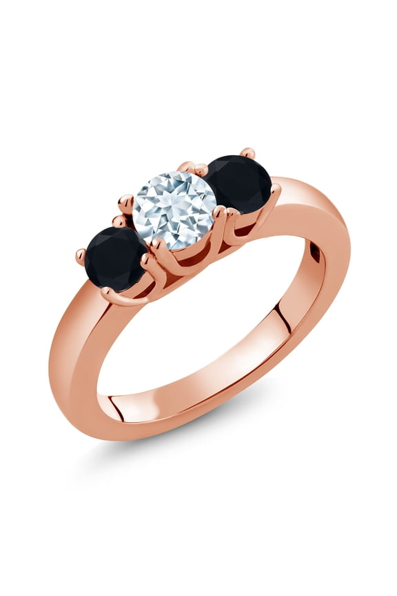 0.94 Ct Round Sky Blue Aquamarine Black Onyx 18K Rose Gold Plated Silver Classic 3-Stone Ring for Women (Size 9)