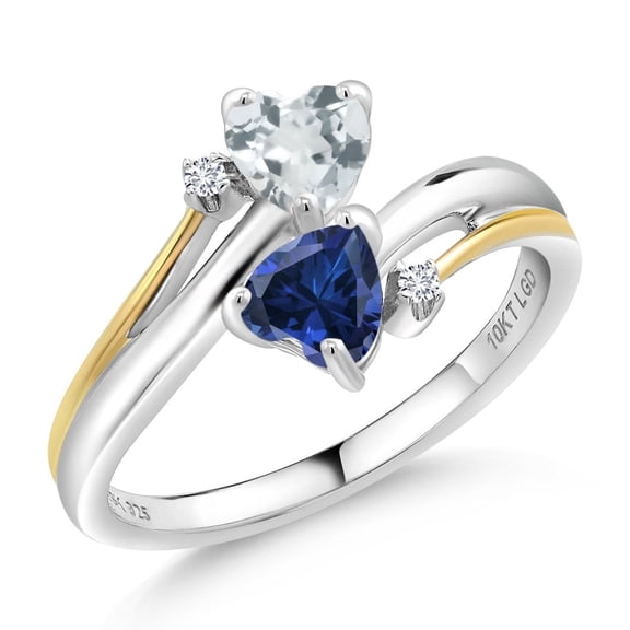 Gem Stone King 0.94 Ct Sky Blue Aquamarine Blue Created Sapphire 925 Silver and 10K Yellow Gold Lab Grown Diamond 2 Heart Promise Couple Engagement Mother Ring (Size 5)